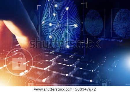 Online Security Check and Privacy Concept. Fingerprint and Computer Police Database Scan. Person Screening. Royalty-Free Stock Photo #588347672