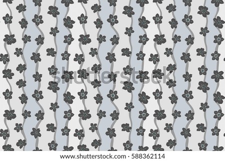 Hand drawn floral texture, gray decorative flowers. Raster seamless colorful floral pattern.