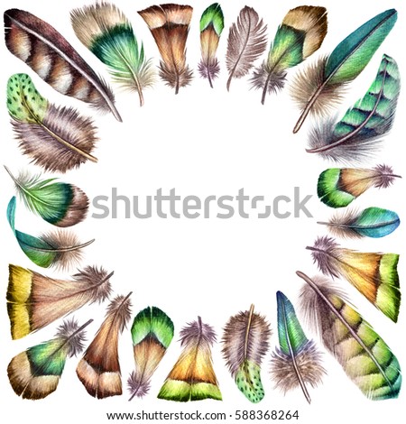 watercolor illustration, green boho feather, easter clip art, tribal kerchief design, spring  design elements, isolated on white background, round frame