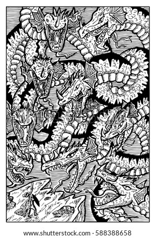 Hydra, water serpent monster, and warrior. Hand drawn vector illustration. Engraved line art drawing, black and white doodle. See all fantasy collection in my portfolio set. 