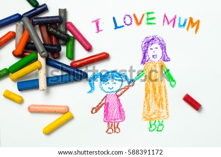 Kid drawing of mother holding her daughter for happy mother's day theme