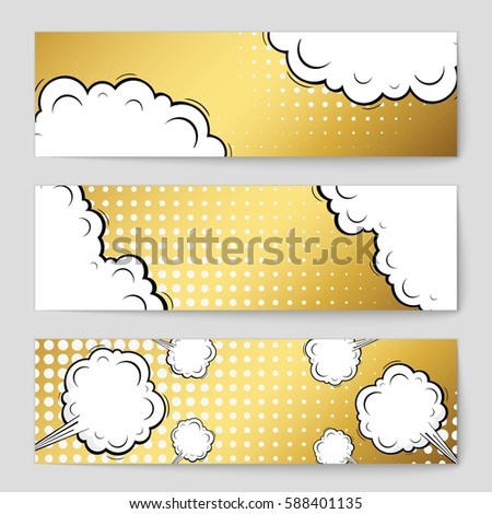 Abstract creative concept vector comic pop art style blank, layout template with clouds beams and isolated dots background. For sale banner, empty speech bubble set, illustration halftone book design