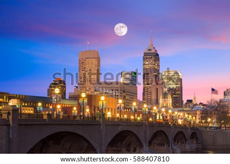 Indianapolis skyline and the White River at twilight