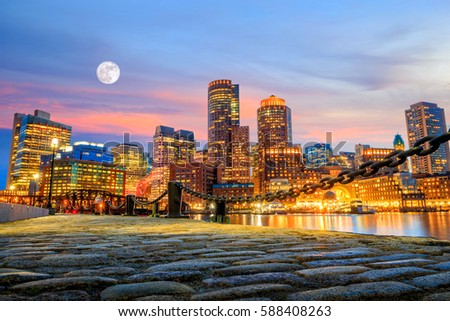 Boston Harbor and Financial District at twilight, Massachusetts.


