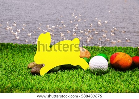 Rabbit sign with golf ball on green grass with nature background.