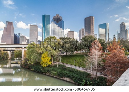 Downtown Houston, Texas over Buffalo Bayou as seen from Sabine bridge and overlook