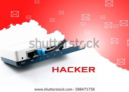 Business and technology concept, floating mail and router showing HACKER.