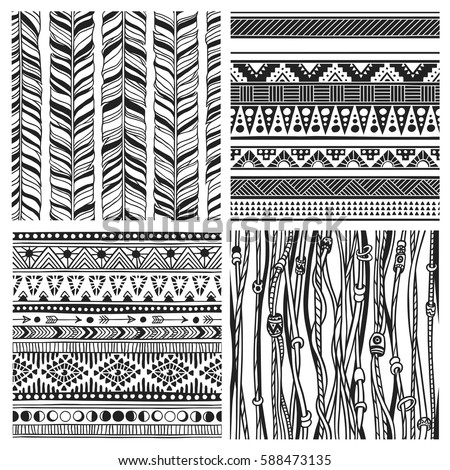 Black and white hand drawn boho illustration. Set of Native American doodles. Textile print with Navajo tribal ornament. Vector creative art-work. Ink drawing in bohemian chic style