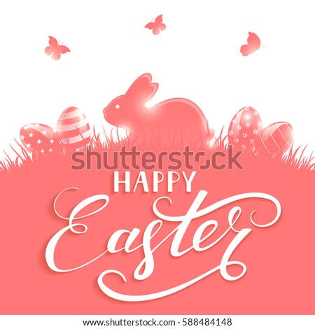 Pink background with little rabbit and Easter eggs in a grass, holiday lettering Happy Easter, illustration.