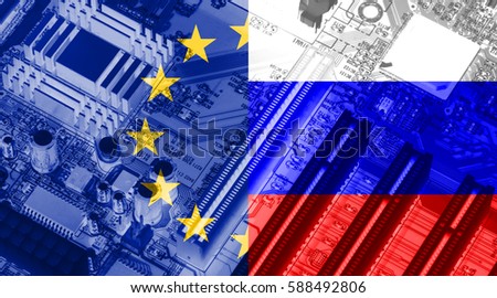 European union flag and Russian flag on the x-ray circuit board as technology background