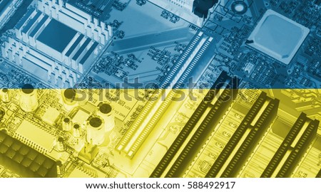 Ukraine flag on the x-ray circuit board as technology background