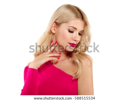 Blonde beautiful woman model over white background. Woman nail manicure lipstick same color beauty portrait beautiful care