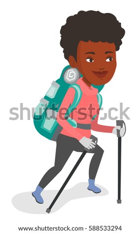African-american mountaineer climbing a snowy ridge. Mountaineer climbing a mountain. Mountaineer with backpack walking up along a ridge. Vector flat design illustration isolated on white background.