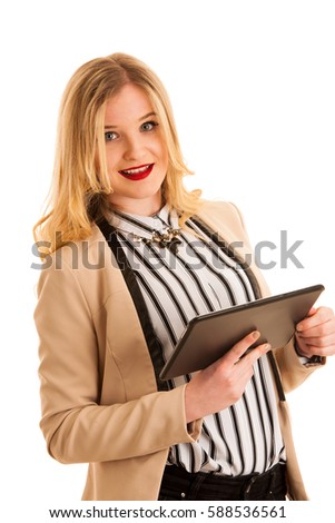 Beautiful business woman browsing web on her tablet isolated over white background