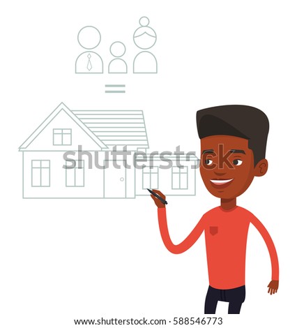 Young african-american man drawing family house. Man drawing a house with a family. Man dreaming about future life in a new family house. Vector flat design illustration isolated on white background.