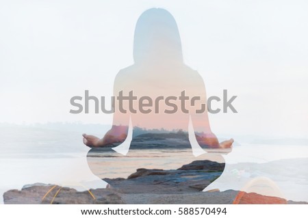 Double exposure of yoga pose landscape Royalty-Free Stock Photo #588570494