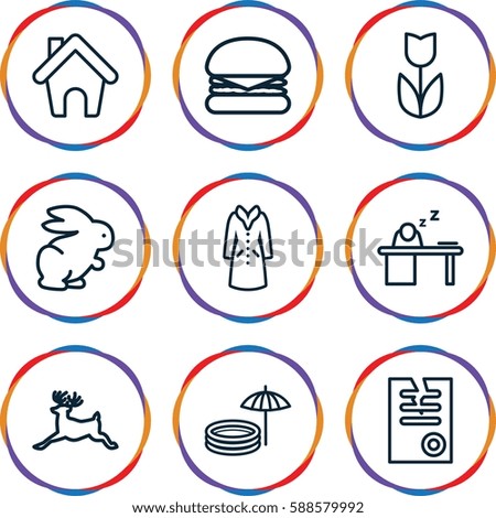 white icons set. Set of 9 white outline icons such as deer, rabbit, overcoat, paper, man sleeping on table, home, inflatable pool and umbrella, burger