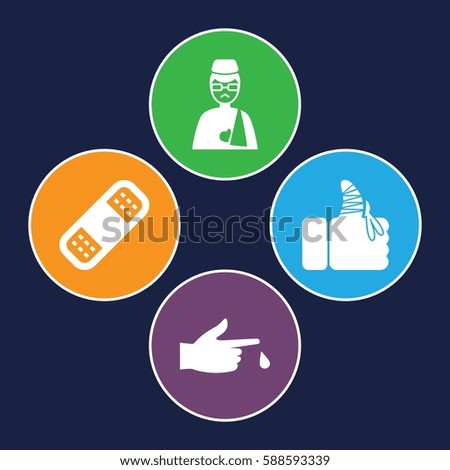injury icons set. Set of 4 injury filled icons such as bandage, man with broken arm
