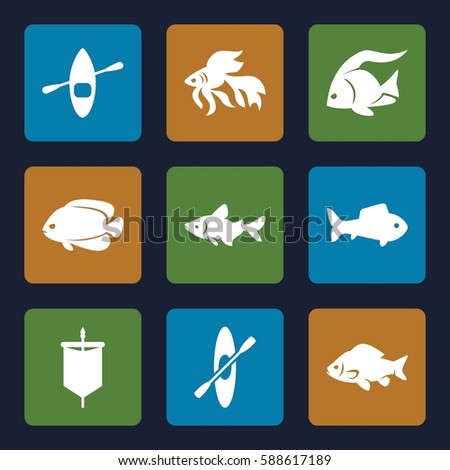 river icons set. Set of 9 river filled icons such as fish, rowing, rowing boat