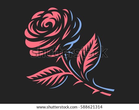 Red rose - vector illustration, emblem design on dark background