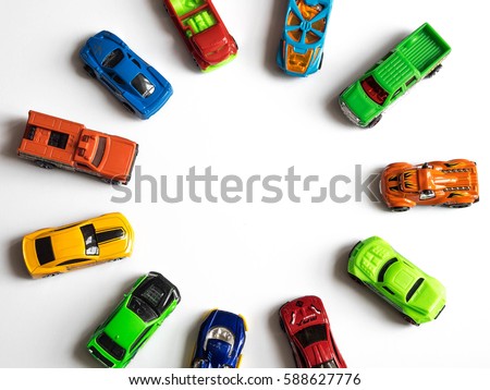 Colorful car toys. Flat lay.