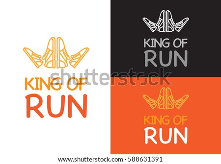 King of run on different background white, orange and black. Fitness keeps fit logo. Sneakers make crown for king logotype for sport lifestyle. Running is useful for your health vector illustration
