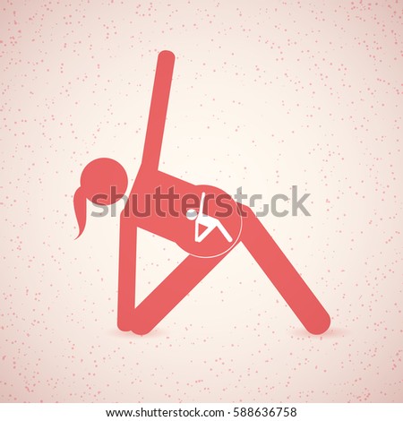 Stick figure. Pregnant woman and her baby doing yoga pose triangle. Vector illustration.