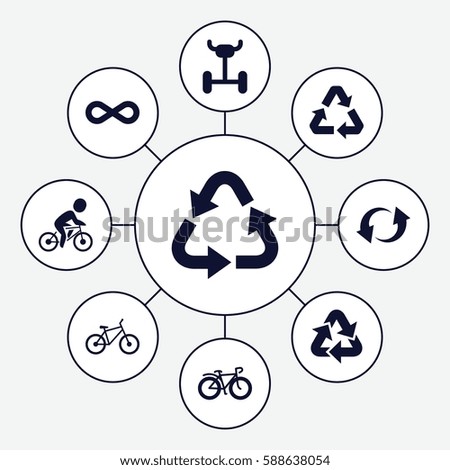 Set of 9 cycle filled icons such as recycle, bicycle, update, eternity