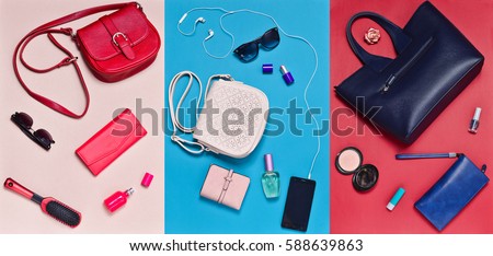 Women's accessories: Handbags, purses, cosmetics, sunglasses. What's in a women's bag? Top view.Flat lay fashion.
 Royalty-Free Stock Photo #588639863