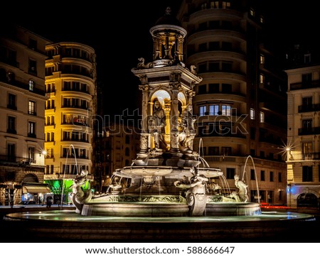 The impressive fountain on Jacobin's square in Lyon, France. Night and long exposure photography