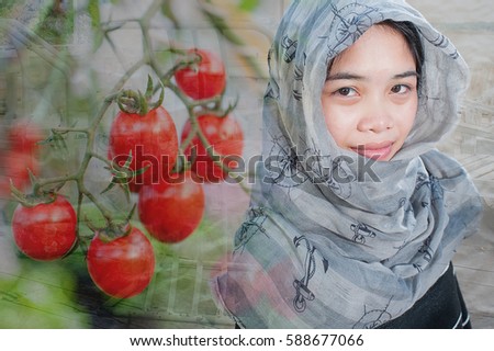 Double exposure, Portrait young woman with tomatoes, Healthy eating and vegetarian
