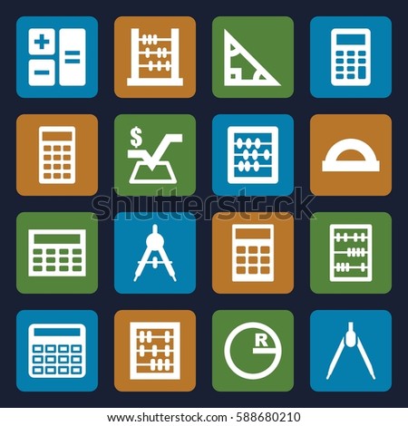 mathematics icons set. Set of 16 mathematics filled icons such as compass, calculator, abacus, mathematical square, calclator, protractor, triangle