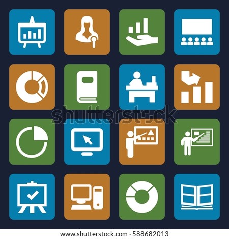 presentation icons set. Set of 16 presentation filled icons such as graph, board, table, woman speaker, pie chart, photo album, pc, chart, teacher, graph on hand, classroom
