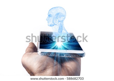 Phone and Head in hand isolated on white background