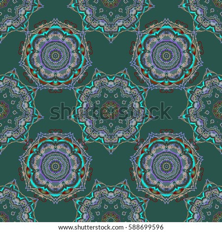 Seamless pattern with multicolored elements on green background. Good for Christmas cards, decoration, menus, web, banners and designs related to wine and holidays. Vector illustration.