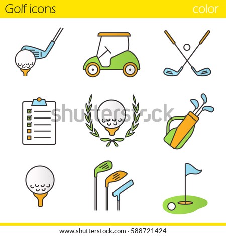 Golf color icons set. Ball on tee, golf cart, clubs, golfer's checklist, championship symbol, bag, course, flagstick in hole. Isolated vector illustrations