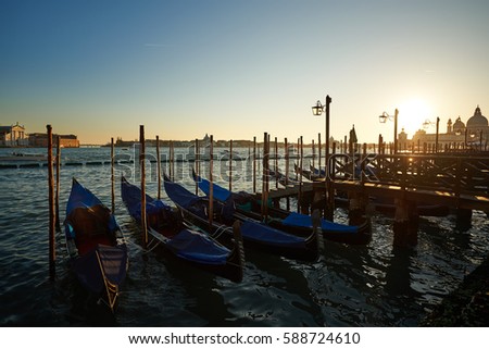 Venice gondolas parked at San Marc, at sunset

