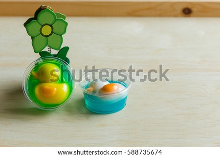colorful duck coconut jelly handmade on wooden background
