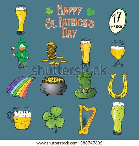 St Patrick's Day hand drawn doodle icons set, with leprechaun, pot of gold coins, rainbow, beer, four leaf clover, horseshoe, celtic harp and flag of Ireland vector illustration