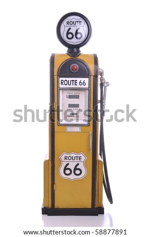 copy of a yellow vintage route 66 fuel pump isolated on white background Royalty-Free Stock Photo #58877891