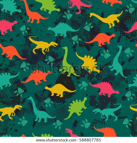 Cute kids pattern for girls and boys. Colorful dinosaurs on the abstract grunge background create a fun cartoon drawing. Urban backdrop for textile and fabric. Royalty-Free Stock Photo #588807785