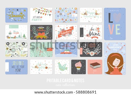 Cute cards, notes and stickers with lovely illustrations. Vector set. Isolated