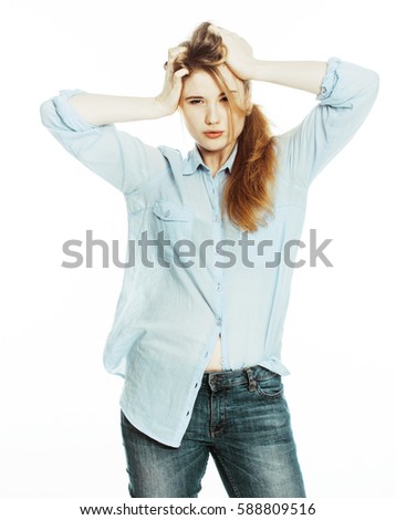 cute young pretty girl thinking on white background isolated clo
