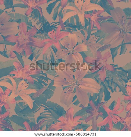 Vintage floral pattern blossom flowers lilies trendy colour and tropical banana leaf and monstera leaves seamless background. Amazing photo collage for floral design. 
