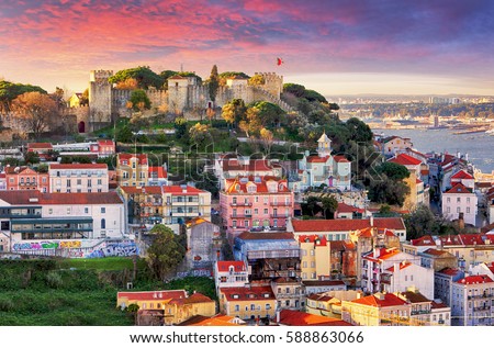 Lisbon, Portugal skyline with Sao Jorge Castle Royalty-Free Stock Photo #588863066