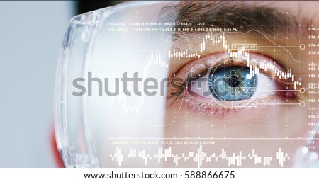 biometric of a scientist with futuristic graphics and holography with financial graphic. Concept: immersive technology, augmented reality, science and research, worldwide medical assistance