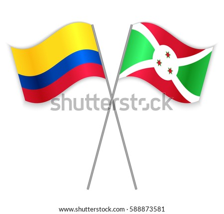 Colombian and Burundian crossed flags. Colombia combined with Burundi isolated on white. Language learning, international business or travel concept.