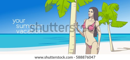 Beautiful brunette woman in a pink bikini on summer sea beach with palm trees. Holiday, vacation. Vector illustration, clip-art.