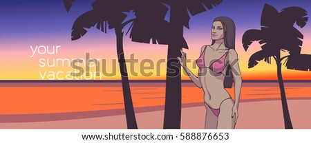 Beautiful brunette woman in a pink bikini on summer sea beach with palm trees at dusk. Holiday, vacation. Vector illustration, clip-art.