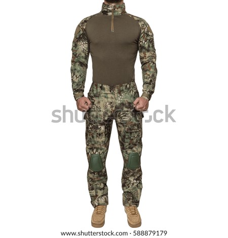 Man in military uniform, camouflage, isolated white background